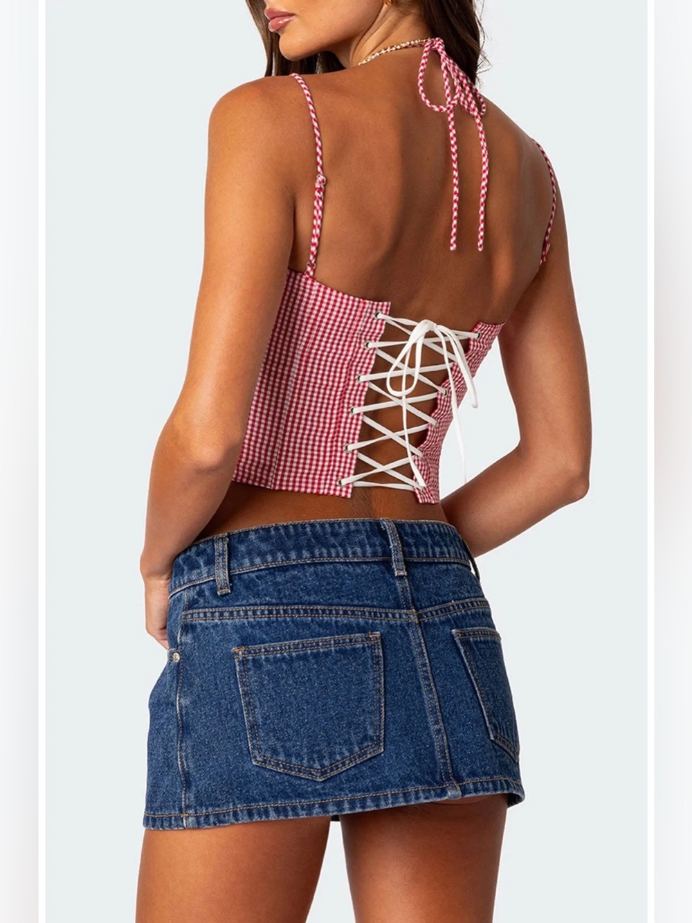 Edikted Pippa Gingham Lace-Up Back Corset Top - Picture 2 of 9